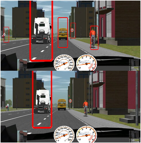 Figure 2. The driving scenarios, i.e., full marking condition (top) and key marking (bottom) condition.