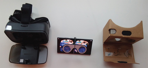 Figure 4. Three different Google Cardboard viewers: (from left to right) Homido V2, Homido mini, and Google Cardboard 2015.
