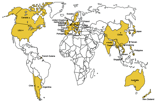 Figure 1. Global epidemiology of human SS2 infections. Countries/regions with human cases of SS2 infections were labeled and highlighted in yellow. Adapted from references Citation2 and Citation48 with permission.