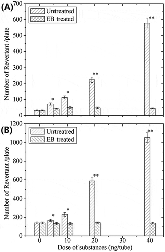 Figure 6. Revertant of Salmonella trphimurium tester strains TA98(A) and TA100(B) of AFB1 and the degradation in the peanut meal. *p < 0.05, **p < 0.001 versus AFB1.