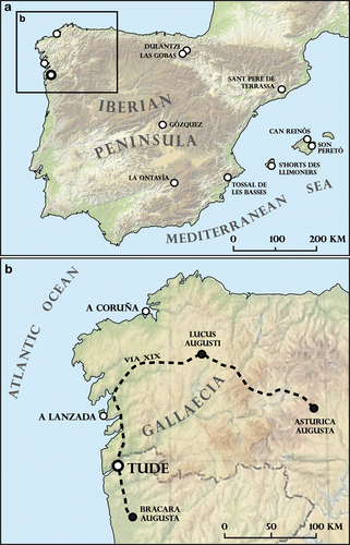 Figure 1. Location of Tudeude, other contemporaneous sites mentioned in the text, and the roman road XIX in the Iberian Peninsula.