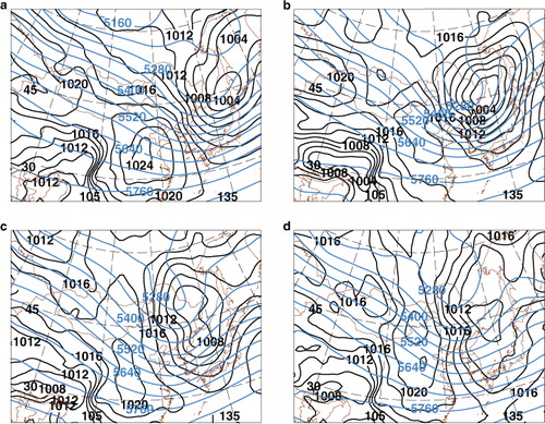 Fig. 5 The average surface-pressure patterns (black line) and 500 hPa geopotential height (blue line) at the occurrence times of maximum PM10 concentrations on the Korean Peninsula for: (a) group 1, (b) group 2, (c) group 3, and (d) group 4.