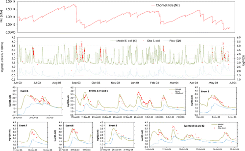 Figure 5  Modelled time-series and observed Escherichia coli concentrations in the Motueka River at Woodmans Bend from May 2003 to December 2004; channel store numbers in the most downstream river reach (top); water concentrations and discharge for events numbered sequentially; and excerpts showing detail of individually numbered events (bottom).