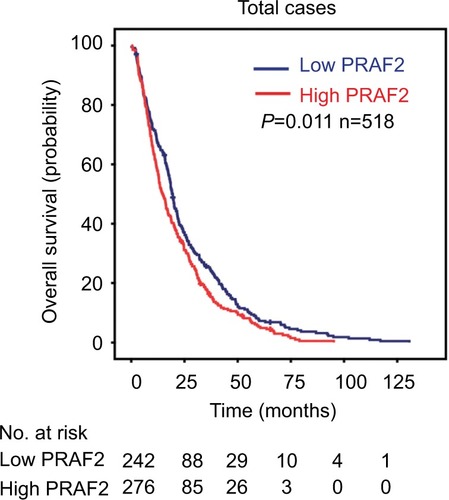 Figure 2 PRAF2 expression is correlated with poor prognosis.Notes: The patients with HCC were divided into high and low PRAF2 expression groups according to the median IHC score. Kaplan–Meier analysis was conducted to evaluate the relationship between PRAF2 expression and overall survival.Abbreviations: HCC, hepatocellular carcinoma; IHC, immunohistochemistry; PRAF2, prenylated Rab acceptor 1 domain family member 2.