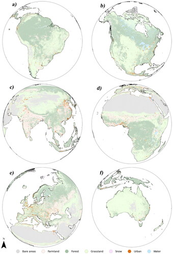 Figure 5. Obtained simulation results of global urban expansion for year 2095 in (a) South America, (b) North America, (c) Asia, (d) Africa, (e) Europe, and (f) Australia.