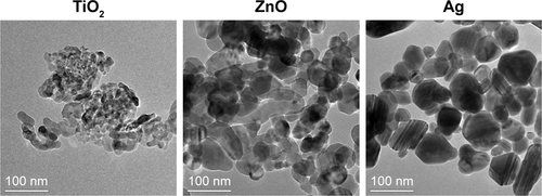 Figure S1 Transmission electron microscopy morphology of TiO2, ZnO, and Ag nanoparticles.