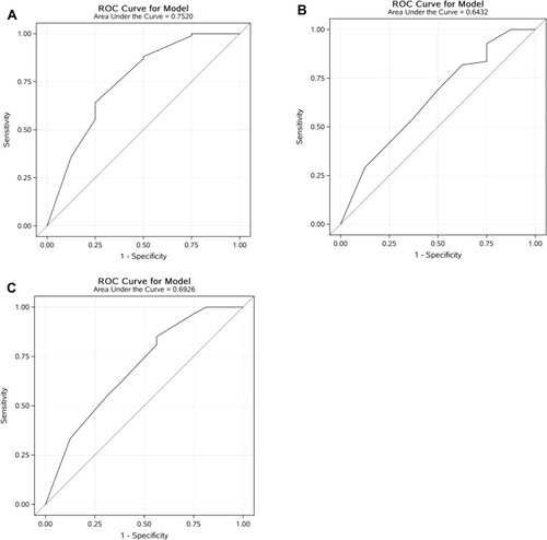 Figure 2 The area under the receiver operating characteristic (AUROC) curve for the nomogram: (A) the training group; (B) the validation group; (C) the both group.