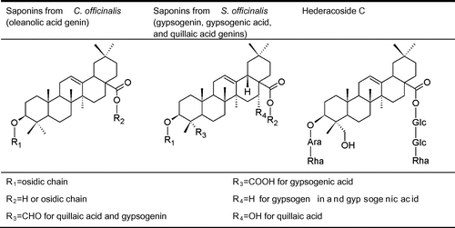 Fig. 1. Structures of hederacoside C, saponins of C. officinalis, and saponins of S. officinalis.Note: Glc, Glucose; Ara, arabinose; Rha, rhamnose.
