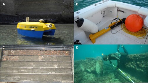 Figure 3. Photos of: A) Argo marine drone in action during a survey performed along the coastal sector around Castel dell’ Ovo; B) SSS transducer during the survey at Baia; C) Borehole drilled at Pozzuoli; D) Direct survey at Portus Julius.