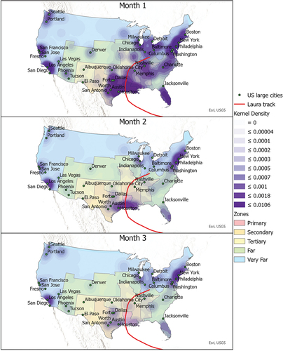 Figure 6. Kernel density maps of hurricane Laura tweets over time.
