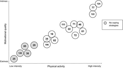 Figure 2 Development of types. Each participant is represented by a circle with their corresponding ID-number. Participants were grouped according to motivational quality (continuum from extrinsic to intrinsic) and PA (continuum from low intensity to high intensity).