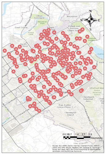 Figure 1. Spatial distribution of bicycle stations of public bike share schemes in Chandigarh.
