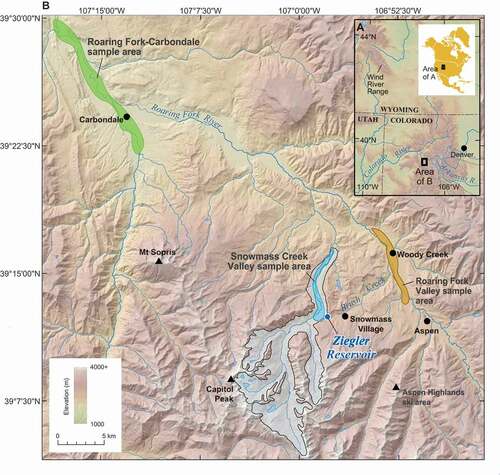 Figure 1. (a) Map of the central Rocky Mountains showing the location of our study area in west-central Colorado; inset map of North America. (b) Location of the Ziegler Reservoir fossil site just west of the town of Snowmass Village, Colorado, on the divide between Snowmass Creek Valley to the west and the Brush Creek drainage to the east. The extent of the Snowmass Creek Valley glacier during Bull Lake (MIS 6) is shown in gray (after Bryant Citation1979). Colored polygons represent areas where glacial deposits were sampled to test for provenance; Snowmass Creek Valley (blue), Roaring Fork Valley (light brown), and the Roaring Fork–Carbondale area (green). Locations of loess deposits on Mt. Sopris (Birkeland Citation1973) and the Aspen Highlands Ski property (McCalpin and Irvine Citation1995) are also shown.