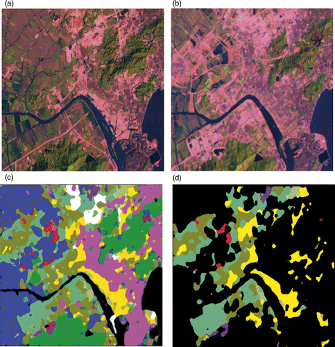 Figure 3. Change detection result and changed area based on ANN and GIS. (a) Imagery taken in 1992, (b) imagery taken in 1996, (c) change detection results and (d) changed area based on GIS data.