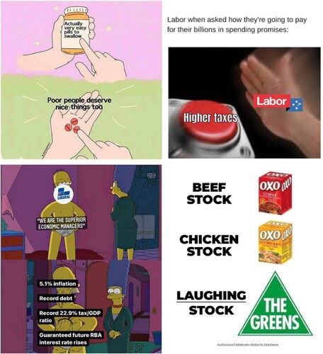 Figure 5. Examples of generic memes shared by the Australian Greens for Actually Progressive Teens (top left), Young Liberals (top right), ALP (bottom left) and Pauline Hanson’s One Nation (bottom right). Source: @GreenMemes, @YoungLibs, @AustralianLabor, @OneNationParty.