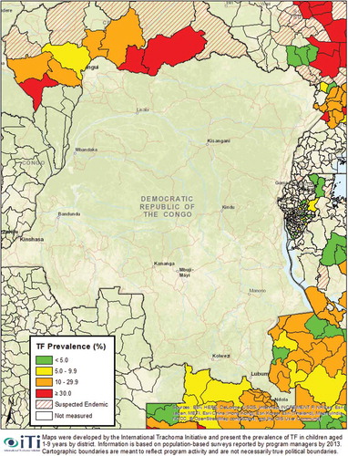 Figure 1. Prevalence of trachomatous inflammation–follicular (TF) in countries bordering Democratic Republic of the Congo, based on Global Trachoma Atlas data in 2013.