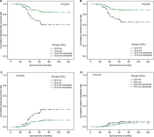 Figure 2 Kaplan–Meier survival curves showing the correlation of VCL with long-term survival in patients with cervical cancer (FIGO stage IB–IIA).Notes: (A) Disease-free survival; (B) overall survival; (C) local recurrence rate; (D) distant metastasis rate.Abbreviations: FIGO, International Federation of Gynecology and Obstetrics; VCL, vaginal cuff length.