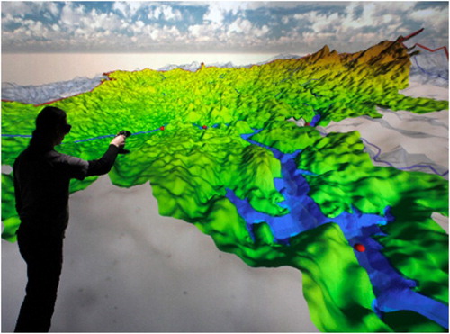 Figure 4. Visualisation of the rappbode reservoir in Germany in the context of a VGE, displayed on the video wall in a virtual reality environment.