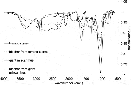 Figure 2. FTIR spectra of the stems of tomato and miscanthus and biochars.