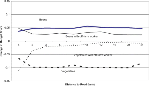 Figure 8: Change in budget share (trimester 3 minus trimester 1) by distance to road for beans and vegetables