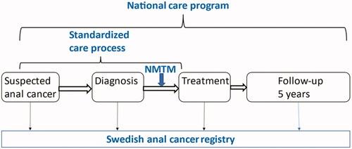 Figure 1. Overview of the management of patients with anal cancer in Sweden, with organizational changes implemented 2015-2017 (in blue). NMTM, national multidisciplinary team meeting.