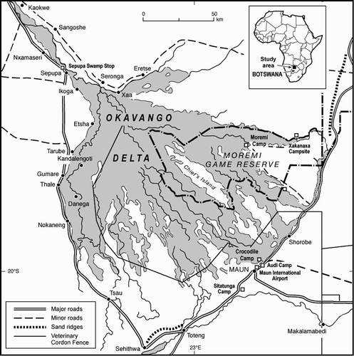 Figure 1. Map of the Okavango Delta, showing safari camps and Moremi Game Reserve. Source: Adapted from Department of Tourism of Botswana, Okavango Delta map, Citation2001b.