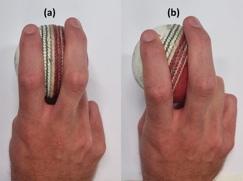 Figure 3. (a) straight seam grip with the primary seam between the index and middle fingers and (b) angled seam grip with the primary seam angled across the index and middle fingers.