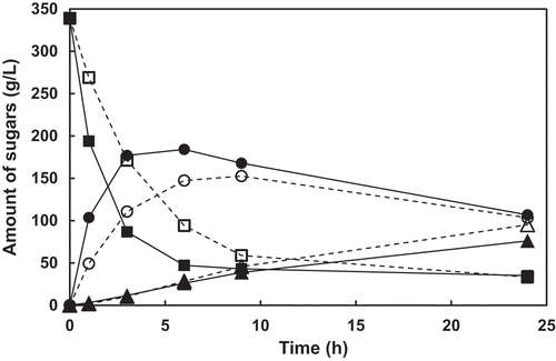 Figure 4. Time courses of the amounts of sucrose, 1-kestose, and nystose in the reaction using E. coli cell expressing PgsA-AkFFase wild-type enzyme (dotted lines) and PgsA-AkFFase G85W mutant (solid lines).Symbols: white square, wild-type and sucrose; black square, G85W and sucrose; white circle; wild-type and 1-kestose; black circle, G85W and 1-kestose; white triangle, wild-type and nystose; black triangle, G85W and nystose.