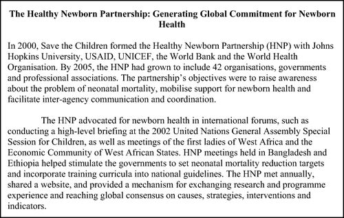 Figure 5.  Creating strategic partnerships with maternal and child experts, health professional organisations, and donor and government officials helped raise attention to a neglected issue and strengthen the constituency for newborn health. Source: Lawn, et al. (Citation2004b).