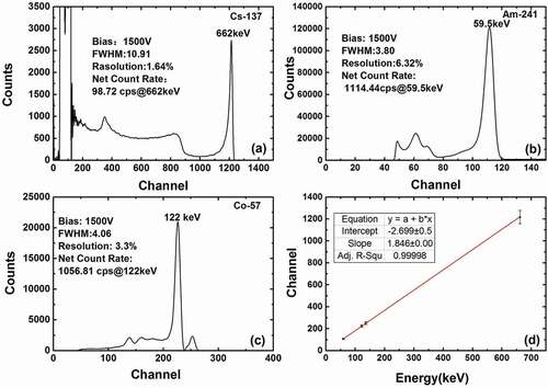 Figure 7. Gamma-ray pulse height spectra obtained using different sources, (a) 137Cs source, (b) 241Am source, (c) 57Co source, (d) the linear relationship between the channels and the peak positions of detecting energies.