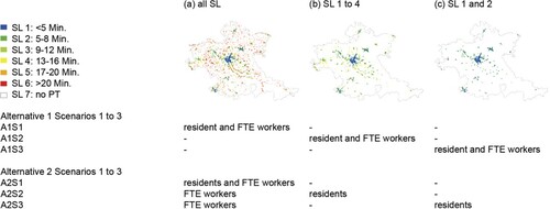 Figure 1. Areas for the selection of hectares for the projection of growth. For example A1S1 hectare selection for residents and FTE workers according to areas in Figure 1b.