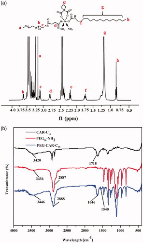 Figure 2. The 1H NMR spectrum (a) and the FTIR spectrum (b) of PEG-CAR-C16.