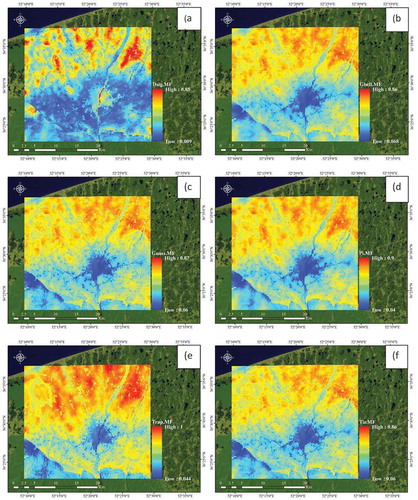 Figure 7. Land subsidence susceptibility maps using the ANFIS model with six different MFs, namely: (a) Dsig MF; (b) Gauss MF; (c) Gbell MF; (d) Pi MF; (e) Trap MF; (f) Tri MF.