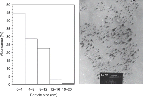 Figure 2. TEMs recorded from a small region of a drop-coated film of chloroauric acid solution treated with the methanol extracts of E. camaldulensis (right picture) for 15 min (scale bars correspond to 50 nm). The related particle size distribution histograms (left picture) obtained after 350 individual particles were counted.