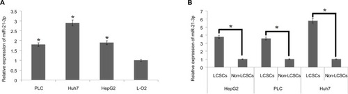 Figure 1 The LCSCs show overexpression of miR-21-3p.Notes: (A) The expression of miR-21-3p was evaluated by qRT-PCR in three liver cancer cell lines and compared with control, ie, normal liver cells (L-O2) which served as the control group. *P<0.05 compared to the control group. (B) The LCSC population was classified as CD133+ cells. The CD133-/low LCSC was classified to be the non-cancer stem cells (non-CSCs) in the liver cancer cell lines. *P<0.05 compared to respective LCSCs.Abbreviations: LCSCs, liver cancer stem cells; qRT-PCR, quantitative reverse transcription PCR.