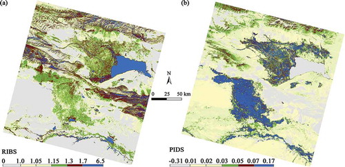 Figure 4. Spatial distribution maps of (a) Ratio Index for Bright Soil and (b) Product Index for Dark Soil from Landsat 8 images.