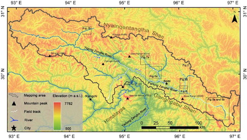 Figure 3. Layer colored map of the study area with the locations of Figures 2, 5a, 5b, 6a, 6b, 7a, 7b, and 8. This shaded-relief map is created using the 30-mASTER Global Digital Elevation Model (2011) (USGS 2014). Field track indicates the route of field investigation. Blue arrows indicate the flow direction of rivers.