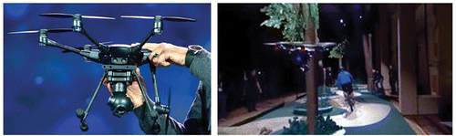 Figure 11. The left image shows the Yuneec Typhoon H drone with integrated RealSense device as demonstrated in CES 2016. The right image shows a demonstration of real-time automatic collision avoidance as the drone follows a person biking through trees.
