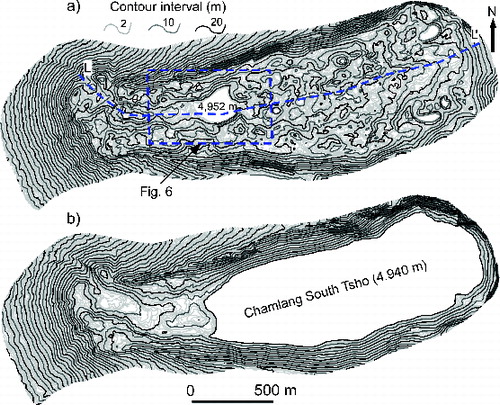 Figure 4. Detailed topographic maps around Chamlang South Glacier/Lake in (a) 1964 and (b) 2006. Contour intervals: 1 m (faint lines), 10 m (lighter bold lines), and 20 m (bold lines). The dotted line and rectangle in (a) represent the sites of the profile shown in figure 5 and the area of figure 6, respectively.