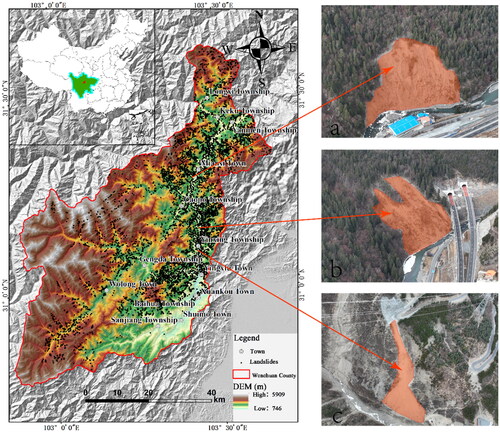 Figure 1. An outline of the research field and distribution map of landslide hazard sites (a. Near G4217, Miansi Township; b. Near G213, Yinxiu Township; c. Near X065, Yinxiu Township).