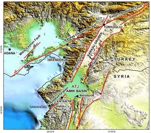 Figure 2. A digital elevation model for the study area and its surroundings, showing the major active faults and the morphotectonic units. MTJ: Kahramanmaraş or Türkoğlu Triple Junction, ATJ: Amik Triple Junction.