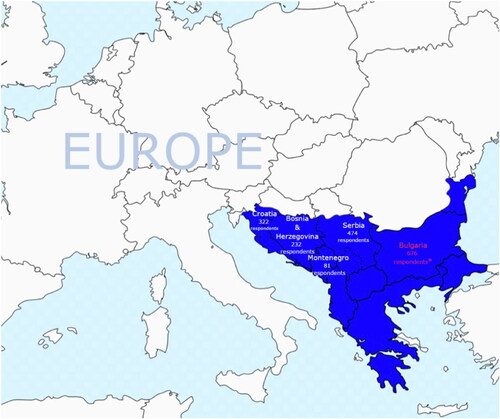 Figure 2. Map of the study area – the Balkan region in Europe. Source: Authors’ adaptations of map taken from https://commons.wikimedia.org/wiki/File:Balkan_Peninsula.svg.Note: Analysed countries: Serbia, Croatia, Bosnia and Herzegovina and Montenegro, with addition of Bulgaria based on research of Terziyska and Dogramadjieva (Citation2021) and Ivanova et al. (Citation2021)*.
