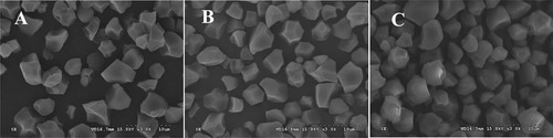 Figure 7. Scanning electric microscopy (SEM) images of waxy (a), normal (b), and high-amylose (c) Japonica rice starches.Figura 7. Imágenes de microscopía eléctrica de barrido (SEM) de los almidones de arroz Japonica ceroso (a), normal (b) y de alta amilosa (c)