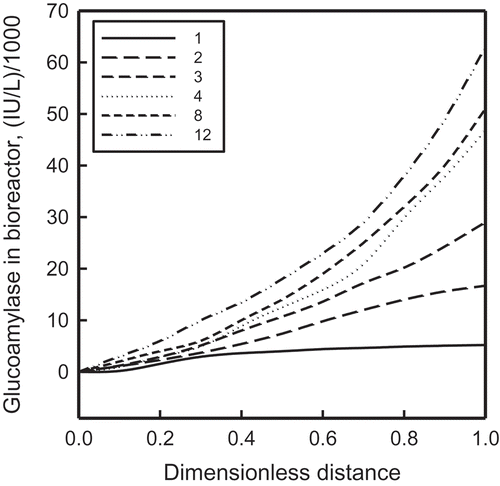 FIGURE 7 Variation of glucose concentration along the distance of the microbioreactor; feed concentration = 0.5 g/L.