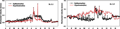 Figure 7. Horizontal velocity of epilimnion and hypolimnion in front of STP outlet in 2009. (left: Station L1; right: Station L5).