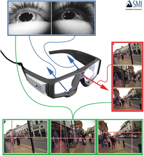 Figure 1. Mobile eye-tracker, camera configuration and video output with cross hairs showing gaze location.