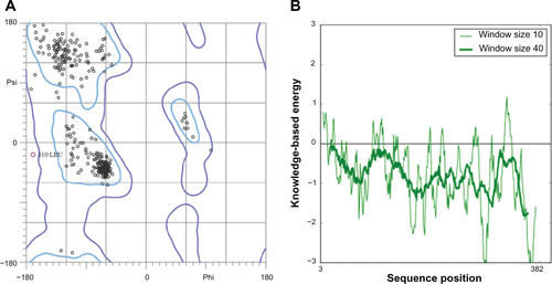 Figure S4 Validation of P. aeruginosa ParE homology model (A) Ramachandran plot and (B) ProSA (protein structure analysis) energy plot.