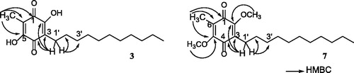 Figure 2. Key HMBC correlations of 3 and 7 in pyridine solvent.
