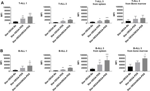 Figure 3 Thiol-reactive star polymers display enhanced association with patient derived xenografts (PDXs). (A) PDXs were generated from mononuclear cells from pediatric ALL biopsies (B- and T-ALL) inoculated in immunodeficient mice. Three PDX samples from each subtype harvested from spleens, and one matched sample from bone marrow, were exposed to the star polymers for 30 mins. (B) Cellular association was determined by flow cytometry and represented by a median fluorescence intensity (MFI) normalized against control Star-OEGA-Bz. * p < 0.05, ** p < 0.01. *** p < 0.001.