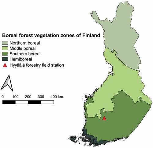 Figure 1. Map of Finland and its boreal forest vegetation zones. Our study site is located in the vicinity of Hyytiälä forestry field station (61°50'44”N, 24°17'10”E) in the southern boreal forest zone.